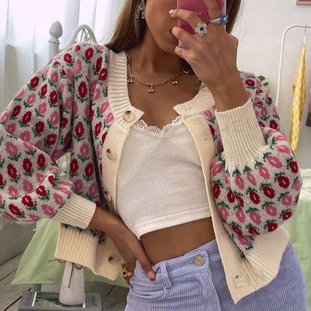 Multi-coloured knitted floral cardigan